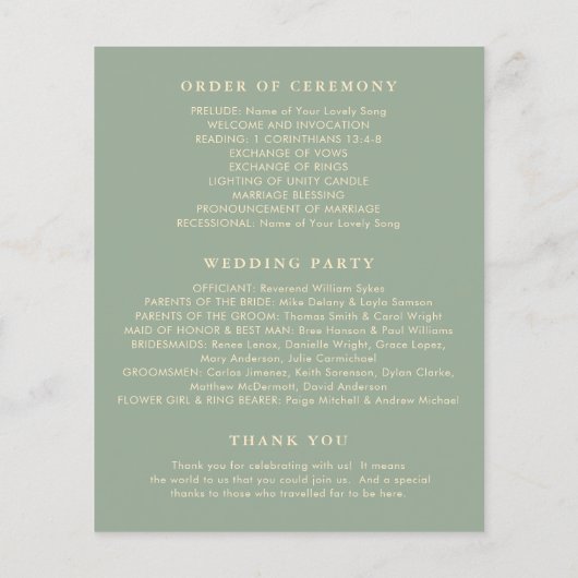 Sage Green Simple Modern Budget Wedding Program Flyer (Achterkant)