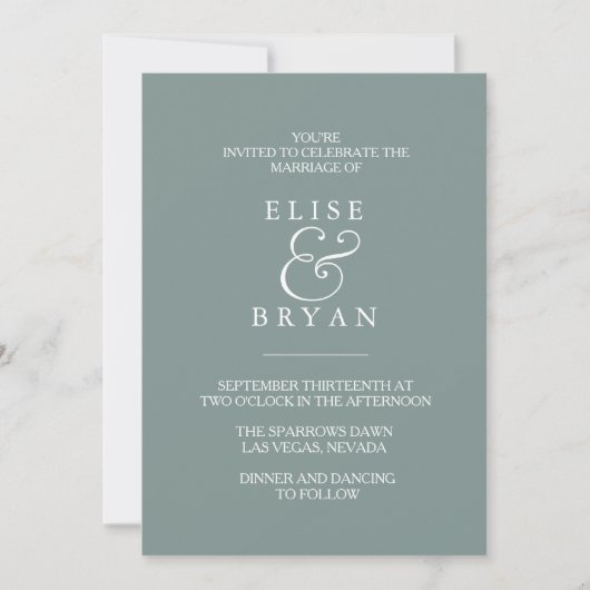 Sage Green Simple Modern Elegant Wedding Invite Kaart (Voorkant)