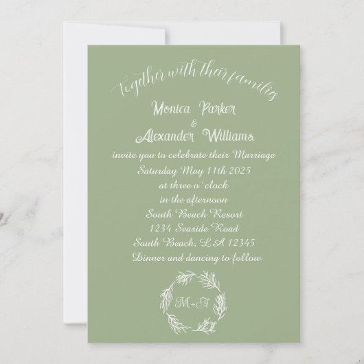 Sage Green Simple Modern Monogrammed Wedding Kaart (Voorkant)