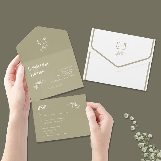 Sage Green Simple Modern Wedding All In One Uitnodiging