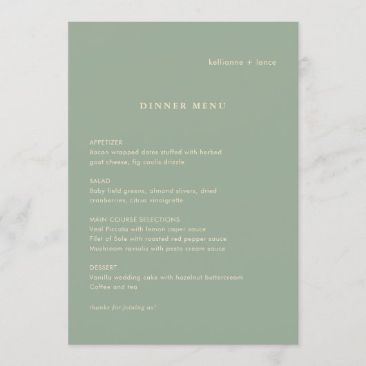 Sage Green Simple Modern Wedding Menu (Voorkant)