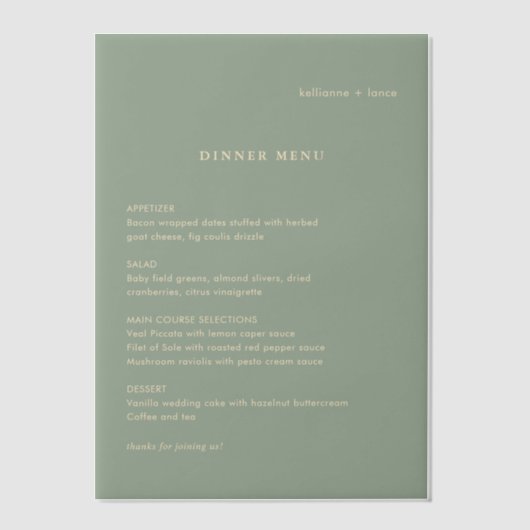Sage Green Simple Modern Wedding Menu Vellum Uitnodigingen (Voorkant)