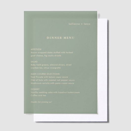 Sage Green Simple Modern Wedding Menu Vellum Uitnodigingen (Offset)