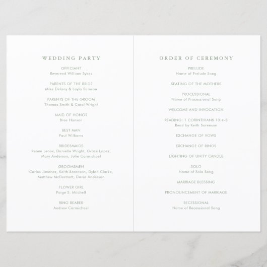 Sage Green Simple Modern Wedding Program (Achterkant)
