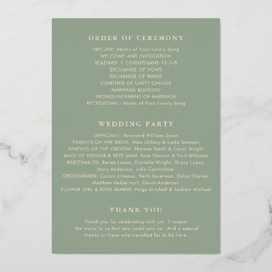 Sage Green Simple Modern Wedding Program Folie Uitnodiging (Achterkant)