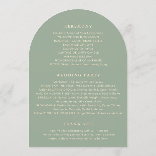 Sage Green Simple Modern Wedding Program Kaart (Achterkant)