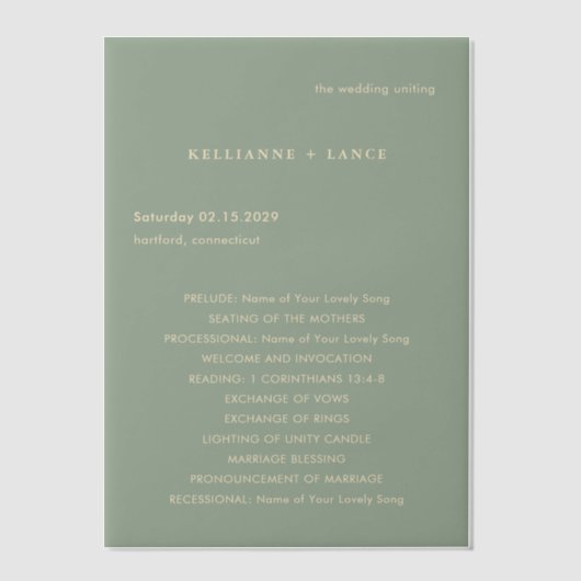 Sage Green Simple Modern Wedding Program Vellum Uitnodigingen (Voorkant)