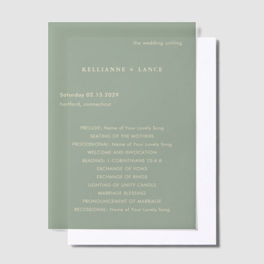 Sage Green Simple Modern Wedding Program Vellum Uitnodigingen (Offset)