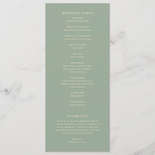 Sage Green Simple Modern Wedding Programmakaart (Achterkant)