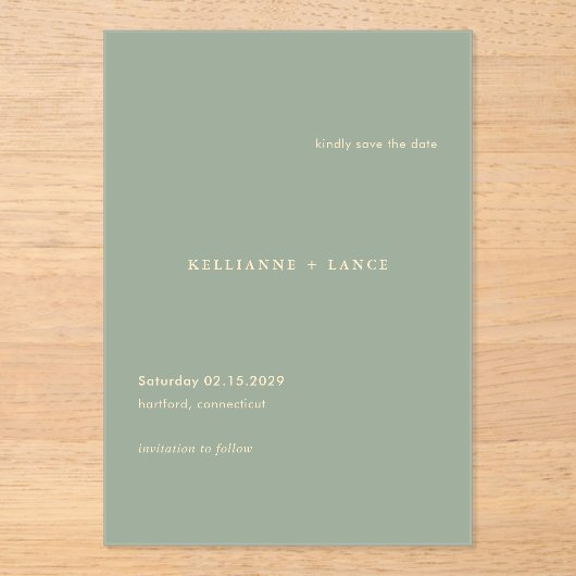 Sage Green Simple Modern Wedding Save the Date Acryl Uitnodigingen (Voorkant)