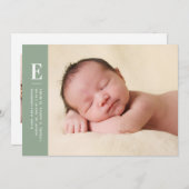 Sage Green Simple Monogram New Baby Photo Birth Aankondiging (Voorkant / Achterkant)