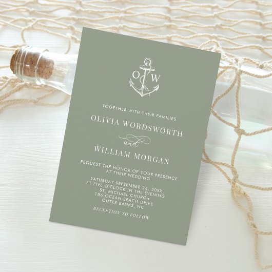 Sage Green Simple Nautical Anchor Monogram Weddens Kaart