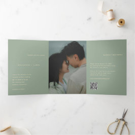 Sage Green Simple Photo QR Code Modern Wedding Drieluik Uitnodiging