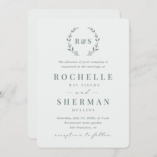 Sage Green Simple Rustic Leaf Monogram Weddenschap Kaart (Voorkant / Achterkant)