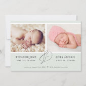 Sage Green Simple Twins Photo Birth Aankondiging (Voorkant)