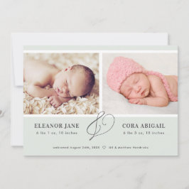 Sage Green Simple Twins Photo Birth Aankondiging