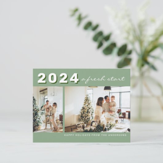 Sage Green Simple Year A verse Start Photo Holiday Briefkaart (Staand voorkant)