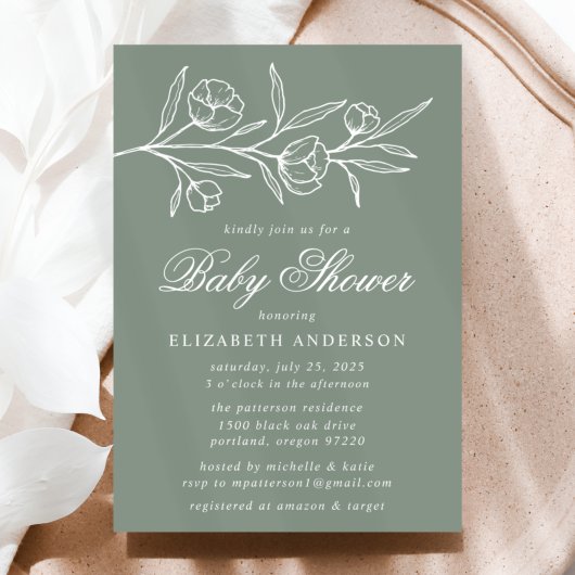Sage Green Sketched Floral Baby shower Kaart