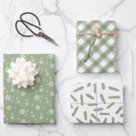 Sage Green Snowflakes Pine Pset Holiday Patronen Inpakpapier Vel