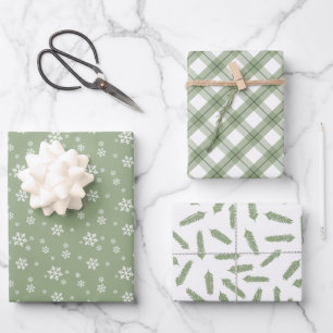 Sage Green Snowflakes Pine Pset Holiday Patronen Inpakpapier Vel