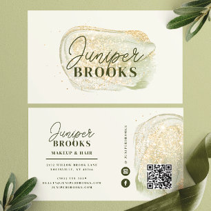 Sage Green Social Media QR Code Gold Glitter Visitekaartje