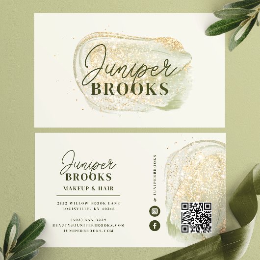 Sage Green Social Media QR Code Gold Glitter Visitekaartje