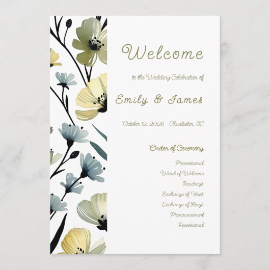 Sage Green & Soft Yellow Botanical Weddin Programmakaart (Voorkant)