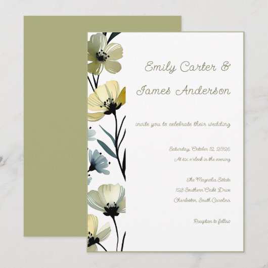 Sage Green & Soft Yellow Botanical Wedding Kaart (Voorkant / Achterkant)