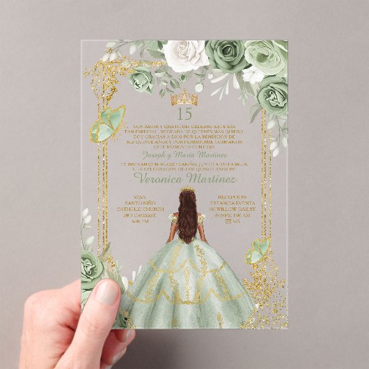 Sage Green Spaans Goud 15 Años Prinses Verjaardag Acryl Uitnodigingen (Insitu (Draagbaar))
