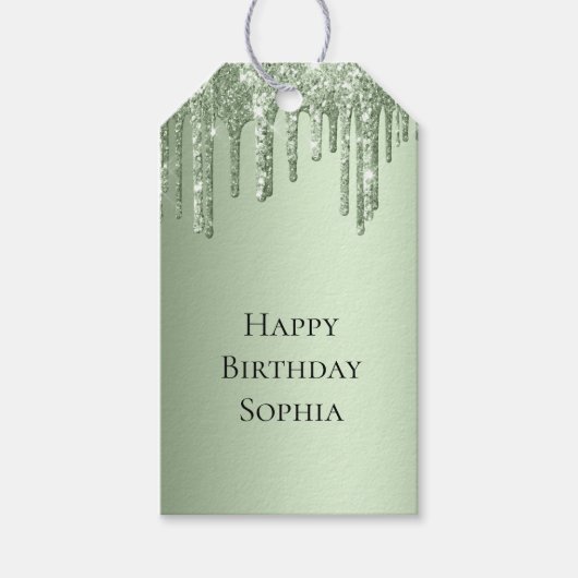 Sage Green Sparkle Glitter Drips Verjaardag Cadeaulabel (Voorkant)