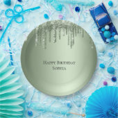 Sage Green Sparkle Glitter Drips Verjaardag Papieren Bordje (Feest)