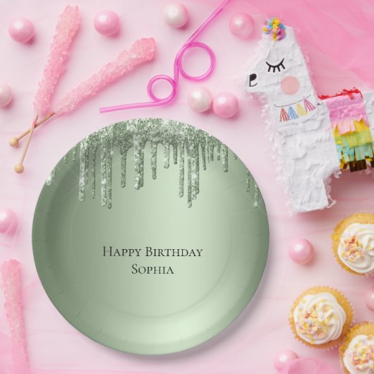 Sage Green Sparkle Glitter Drips Verjaardag Papieren Bordje (Feest)