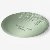 Sage Green Sparkle Glitter Drips Verjaardag Papieren Bordje (Gekanteld)