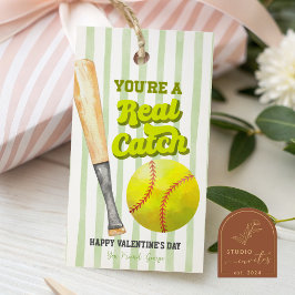 Sage Green Sports Softball Stripe Valentine Tag Cadeaulabel