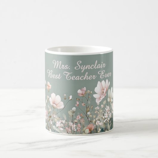 Sage Green Spring Floral Teacher Elegant Script Koffiemok (Center)