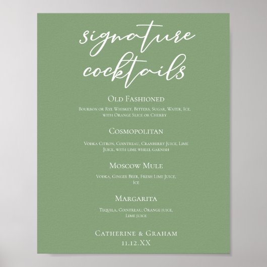 Sage Green Spring Wedding Signature Cocktails Menu Poster (Voorkant)