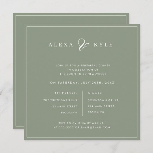 Sage Green Square Rehearsal Dinner Invitation Kaart (Voorkant / Achterkant)