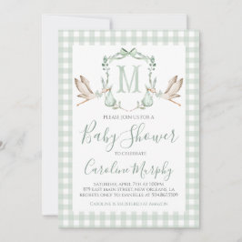 Sage Green Stork Baby shower Preppy Gingham Kaart