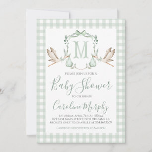 Sage Green Stork Baby shower Preppy Gingham Kaart