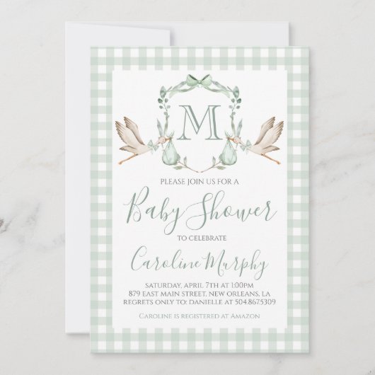 Sage Green Stork Baby shower Preppy Gingham Kaart (Voorkant)