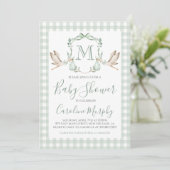 Sage Green Stork Baby shower Preppy Gingham Kaart (Staand voorkant)