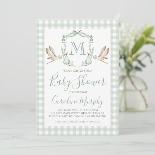 Sage Green Stork Baby shower Preppy Gingham Kaart (Staand voorkant)
