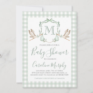 Sage Green Stork Baby shower Preppy Gingham Kaart