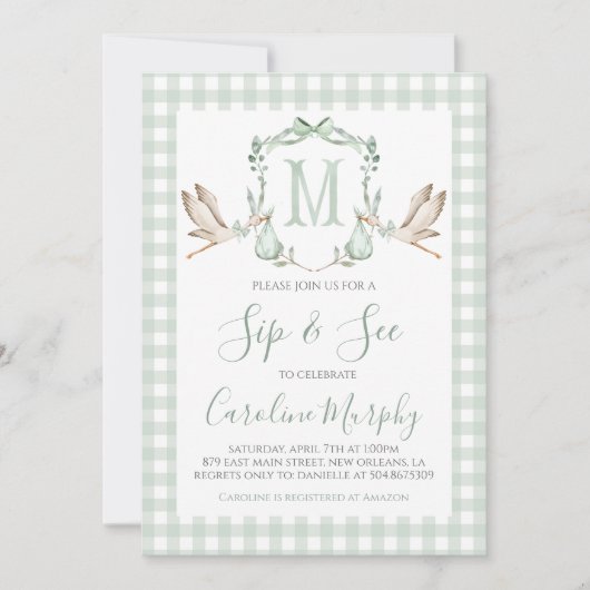 Sage Green Stork Sip & See Preppy Gingham Kaart (Voorkant)