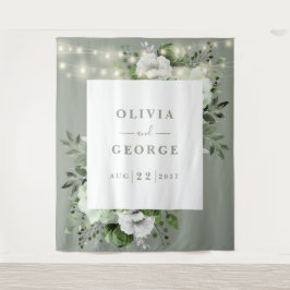 Sage Green String Lights Bloemen Foto Achtergrond Wandkleed