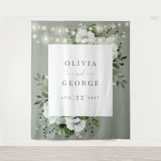 Sage Green String Lights Bloemen Foto Achtergrond Wandkleed (Voorkant)