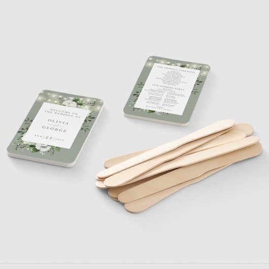Sage Green String Lights Bloemen Trouwprogramma Handwaaier (Niet-gemonteerd)