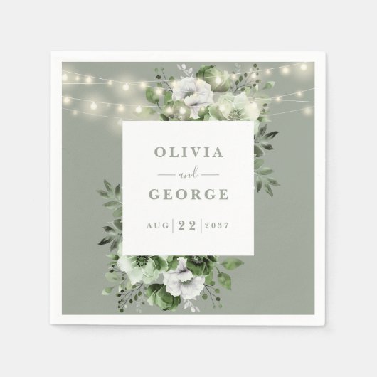 Sage Green String Lights Bloemen Trouwservet Servet (Voorkant)