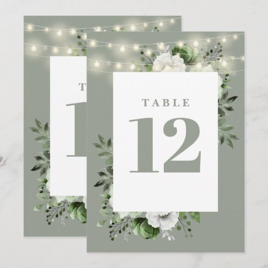 Sage Green String Lights Bloementafel Nummer Kaart (Voorkant / Achterkant)
