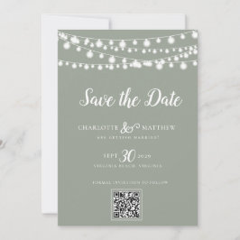 Sage Green String Lights Modern Script Bewaar de Save The Date